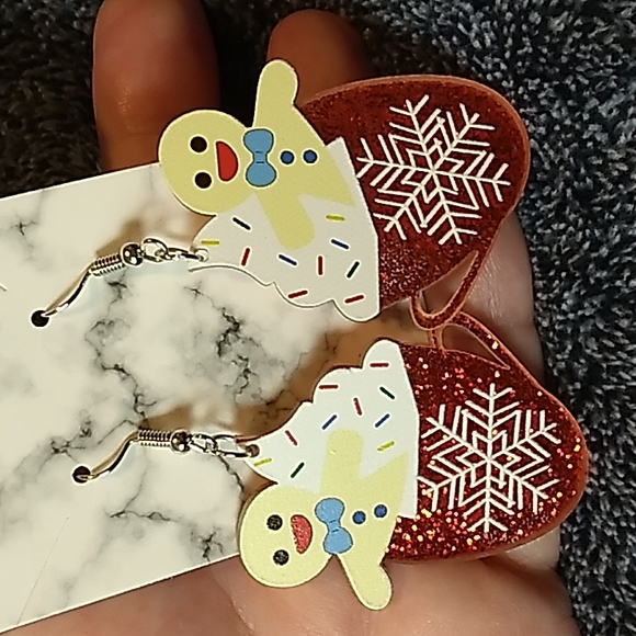 Acrylic Hot Coco Christmas Earrings 1 1/4 x 2 inches Red Glitter, white, yellow - Picture 3 of 4